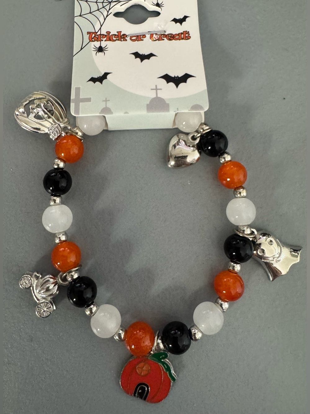 Halloween Pumpkin Charm glass Beaded Bracelet - Orange, Black & White stretch